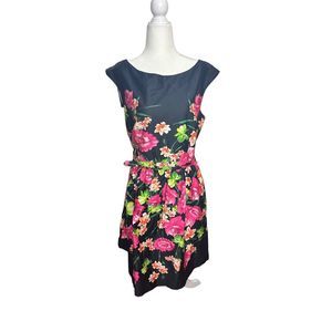 Eliza J Black Rose Fit & Flare Tea Length‎ Belted Cap Sleeve Dress Size 12 NWT
